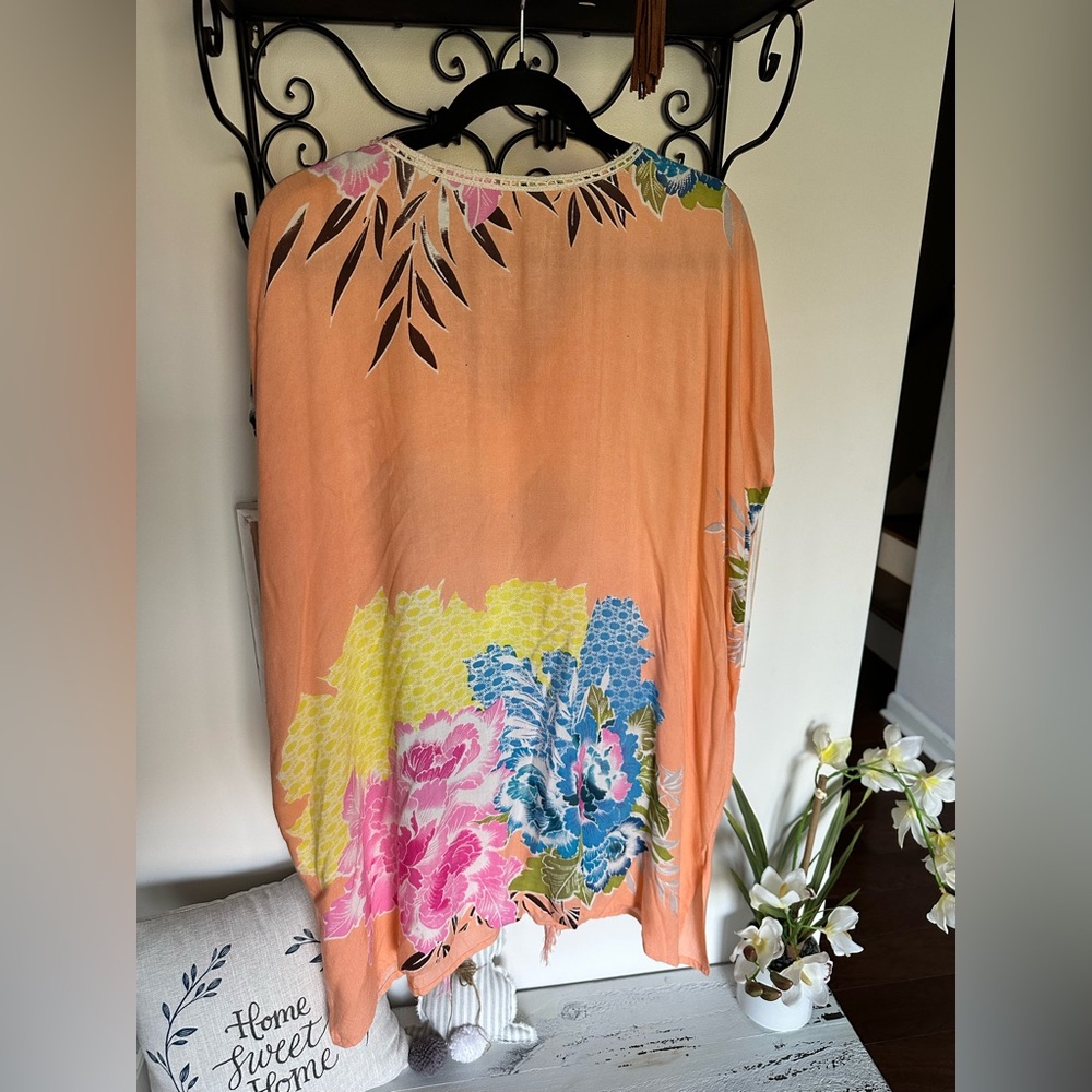 🎯 Floral Multicolor Kaftan Fringe Beach Coverup 100% viscose - Picture 6 of 7